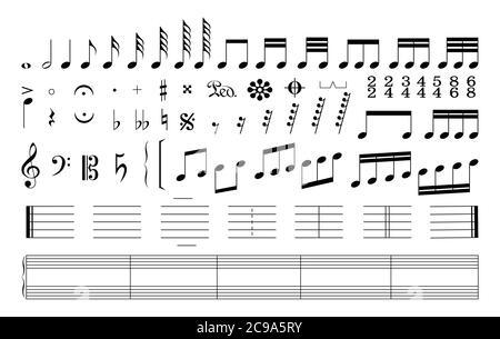 Satz von Musiknoten. Musikschilder, Tasten und Notenstafeln isoliert auf weißem Hintergrund. Stock Vektor