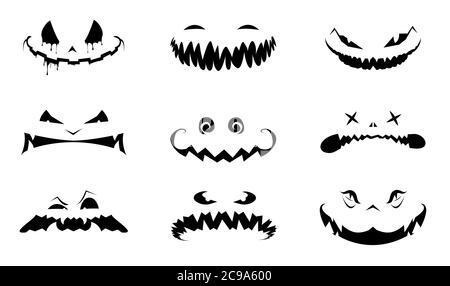 Halloween Gesicht Icon Set. Kürbis schwarze Silhouette. Einfarbige flache Design Symbol Kollektion. Vektorgrafik Stock Vektor