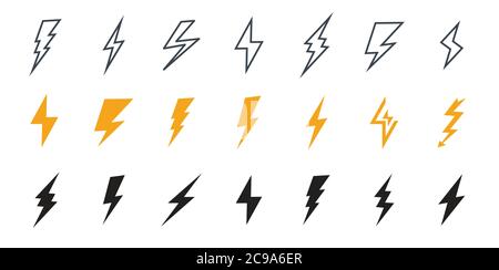 Blitzsymbol. Einfache Symbol Sturm oder Donner und Blitzschlag. Satz von Symbolen für Blitzschlag, Blitzschlag oder Gewitter. Stock Vektor