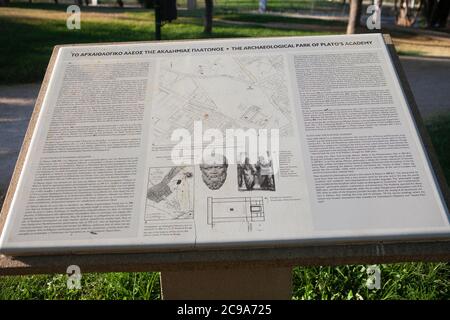 Platons Akademie Archäologischer Park Schild Stockfoto