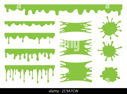 Schleimvektorsatz. Grüner Schmutz splat, goo tropfende Flecken von Schleim. Sammlung von Flecken, Spritzern und Flecken isoliert auf weißem Hintergrund. Stock Vektor