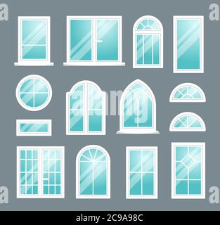 Set von verschiedenen isolierten weißen Kunststoff-Fenster auf dunklem Hintergrund. Vektorgrafik. Stock Vektor