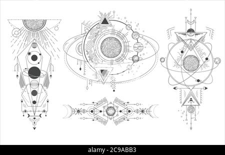 Vektor-Set von heiligen geometrischen Symbolen mit Mond, Planeten und Pfeile isoliert auf weißem Hintergrund. Stock Vektor