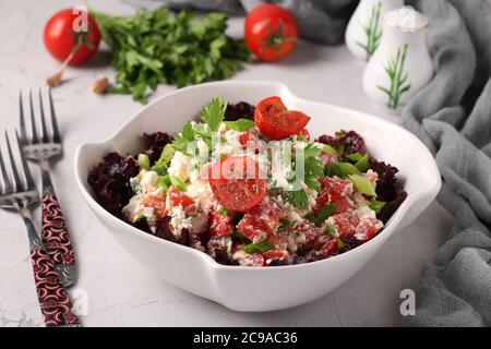 Tomatensalat mit Quark, grünen Zwiebeln, Petersilie und Gewürzen in einer weißen Schüssel auf grauem Hintergrund Stockfoto