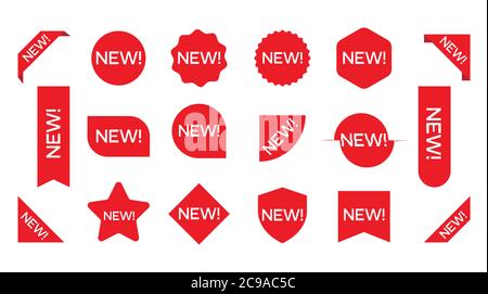 Neuer Aufkleber-Satz. Eckbanner, neue Tag-Etiketten und Present-Buttons. Sticker-Symbol mit Text isoliert auf weißem Hintergrund. Stock Vektor