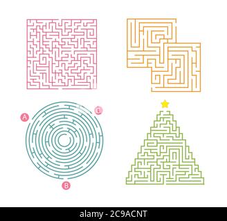 Satz von 4 Labyrinth. Design-Element in Labyrinthform. Einfache runde, quadratische und triangularmaze Labyrinth-Spiel für Kinder. Ein- und Ausstieg. Kinder Puzzle-Spiel. Stock Vektor