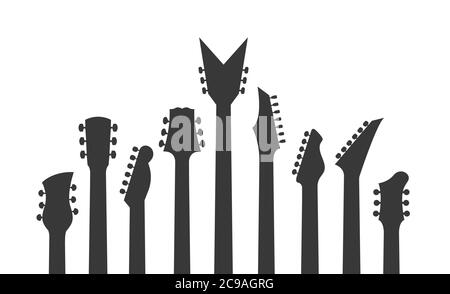 Gitarre Kopfplatte Silhouette. E-Gitarren, Akustikgitarren oder Rock-Gitarre Vektor Kopfplatte. Stock Vektor