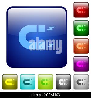 Hufeisen-Magnet-Symbole in abgerundeter quadratischer Farbe glänzend Knopfset Stock Vektor