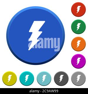 Lightning Energy runde, abgeschrägte Tasten mit glatten Oberflächen und flachen weißen Symbolen Stock Vektor