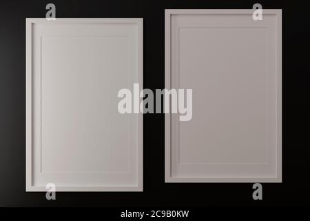 Zwei vertikale weiße Rahmen Mockup, weißer Rahmen auf schwarzer Wand, 3d-Illustration Stockfoto