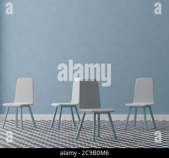 Innenraum mit Stühlen an blauer Wand, 3d-Illustration Stockfoto