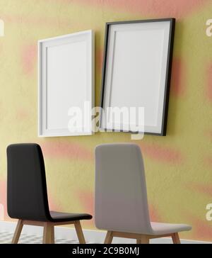 Zwei vertikale weiße Rahmen-Modell, Holzrahmen und Stühle an der gelben Wand, 3d-Illustration Stockfoto