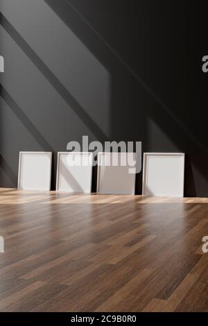 Vier vertikale weiße Rahmen Mockup, weißer Rahmen auf schwarzer Wand, 3d-Illustration Stockfoto