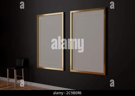 Zwei vertikale weiße Rahmen Mockup, goldener Rahmen auf schwarzer Wand, 3d-Illustration Stockfoto
