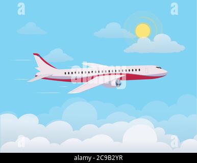 Flugzeug, das gegen den Himmel fliegt, durch Wolken am blauen Himmel. Flaches Design. Vektorgrafik Stock Vektor