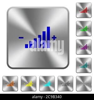 Bedienelement gravierte Symbole auf runden quadratischen glänzenden Stahlknöpfen Stock Vektor