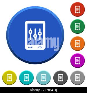 Mobile, runde, abgeschrägte Knöpfe mit glatten Oberflächen und flachen weißen Symbolen Stock Vektor