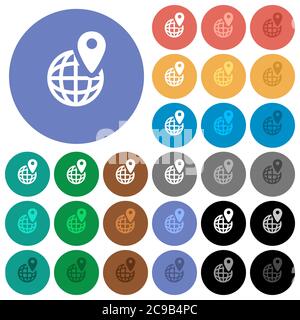 GPS-Position mit Globus-Symbol mehrfarbige flache Symbole auf runden Hintergründen. Weiße, helle und dunkle Symbolvarianten für Hover- und Active-Statistik enthalten Stock Vektor