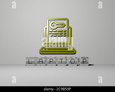 3D-Grafik-Bild von Laptop vertikal zusammen mit Text von metallischen kubischen Buchstaben aus der oberen Perspektive gebaut, ausgezeichnet für das Konzept Präsentation und Diashows. Computer und Business Stockfoto
