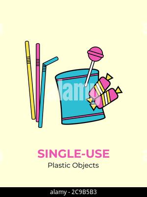 Plastikchips Beutel, Süßigkeitenverpackung, Stroh. Einweg-Vektordarstellung von Recycling-Kunststoff. Isolierte Packtasche. Stock Vektor