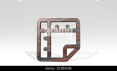 Gitter Lineal wirft Schatten mit zwei Lichtern. 3D-Illustration von Metallic-Skulptur auf weißem Hintergrund mit milder Textur. Abstrakt und Muster Stockfoto