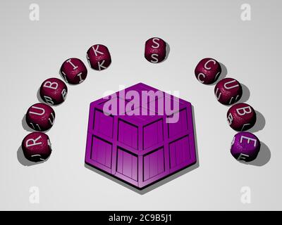 3D-Grafik-Bild von RUBIK S CUBE vertikal zusammen mit Text um das Symbol von metallischen kubischen Buchstaben aus der oberen Perspektive gebaut, hervorragend für das Konzept Präsentation und Diashows. Stockfoto