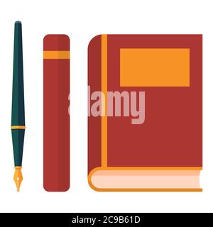 Füllfederhalter und Buchaufkleber auf weißem, isoliertem Hintergrund. Lehrbuch für Einladung oder Geschenkkarte, Notizbuch, Badetuch, Sammelalbum. Telefontasche oder Gerinnsel Stock Vektor