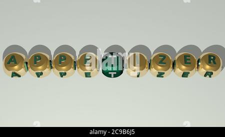 Kombination von Vorspeise durch kubische Buchstaben aus der oberen Perspektive gebaut, ausgezeichnet für das Konzept Präsentation. Hintergrund und Essen. 3D-Illustration Stockfoto