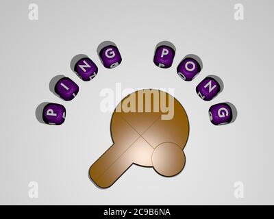 3D-Grafik-Bild von Ping Pong vertikal zusammen mit Text um das Symbol von metallischen kubischen Buchstaben aus der oberen Perspektive gebaut, ausgezeichnet für das Konzept Präsentation und Diashows. Tabelle und Stockfoto