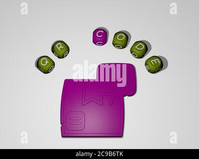 3D-Darstellung von qr-Code mit Symbol an der Wand und Text angeordnet durch metallische kubische Buchstaben auf einem Spiegelboden für Konzept Bedeutung und Diashow-Präsentation. Illustration und Business Stockfoto