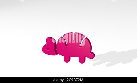 ARMADILLO gemacht durch 3D-Illustration einer glänzenden metallischen Skulptur mit dem Schatten auf hellem Hintergrund. Tier und Cartoon Stockfoto