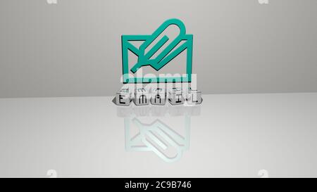 3D-Darstellung von E-Mail mit Symbol an der Wand und Text angeordnet durch metallische kubische Buchstaben auf einem Spiegelboden für Konzept Bedeutung und Diashow-Präsentation. Illustration und Business Stockfoto