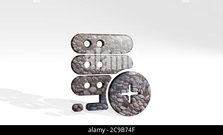 SERVER FÜGT Gießschatten mit zwei Lichtern hinzu. 3D-Illustration der metallischen Skulptur auf einem weißen Hintergrund mit milder Textur. Daten und Computer Stockfoto