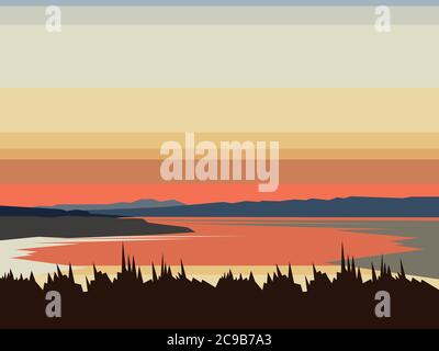 Landschaft Bergsee abstrakter Vektor. Bergsteigen und Reisen Illustration. Sonnenuntergang mit Wasser, Bergen, Wald Stock Vektor