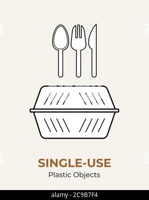Plastikbehälter, Löffel, Gabel, Messer. Einweg-weißes Plastikbesteck Vektor-Illustration-Set. Lebensmittel Kunststoff Besteck flach Logo für ökologische Stock Vektor