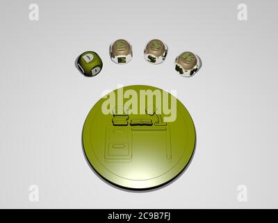 3D-Grafik des Schreibtisches vertikal zusammen mit Text um das Symbol von metallischen kubischen Buchstaben aus der oberen Perspektive gebaut, ausgezeichnet für das Konzept Präsentation und Diashows. Business und Stockfoto