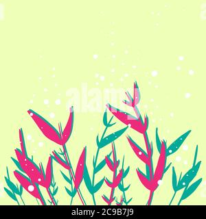 Rosa blaue Blumen Gras Hand gezeichnet Vektor gelb Hintergrund. Zartes Licht Vektor Hintergrund Blumen Banner Website Poster Stock Vektor