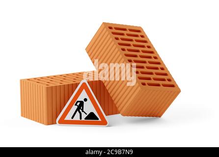 Zwei rote Backsteinsteine mit zwei einzelnen Ziegel vor und Straßenbau Zeichen über weißem Hintergrund, Architektur, im Bau oder Wartung Stockfoto