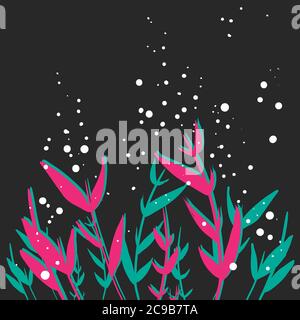 Rosa blaue Blumen Gras Hand gezeichnet Vektor schwarz Hintergrund. Zarte Nacht Vektor Hintergrund Blumen Banner, Website, Poster Stock Vektor