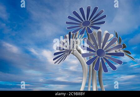 Gruppe von 5 blauen Blume geformten Sonnenkollektoren mit Blütenblättern und langen weißen Stiel mit blauen Himmel Hintergrund. 3D-Illustration Stockfoto