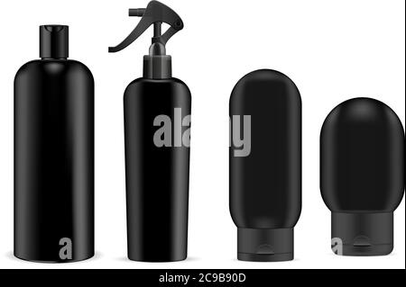 Big Black Kosmetik Sprayer und Shampoo-Flaschen Mockup Set schwarzen Pumpe Spender und Deckel. Realistisches Vektorillustrationspaket. Stock Vektor