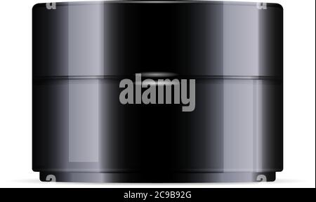 Rundes schwarzes Kunststoffglas mit schwarzem Glanzdeckel für Kosmetik - Körpercreme, Gel, Butter, Badesalz, Hautpflege, Pulver. Realistische Verpackung Mockup templa Stock Vektor