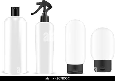 Große weiße Kosmetik-Sprüher und Shampoo-Flaschen Mockup Set schwarze Pumpe Spender und Deckel. Realistisches Vektorillustrationspaket. Stock Vektor