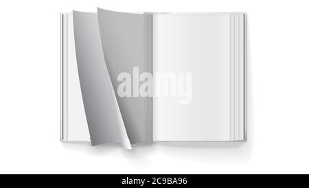Öffnen Sie das Buch mit gewellten Seiten. Draufsicht. Leere Vorlage, Modell Stock Vektor