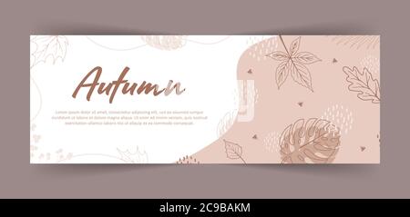 Webbanner. Abstrakter horizontaler Hintergrund mit Herbstelementen, geometrischen Formen, Pflanzen und Blättern in einem Linienstil. Vektor minimalistisch Stock Vektor