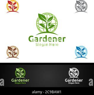 Global Gardener Logo mit Green Garden Environment oder Botanical Agriculture Stock Vektor