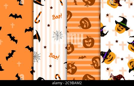 Set von nahtlosen halloween-Muster. Für Geschenkpapier, Einladungen, Webdesign. Vektorgrafik im flachen Stil. Stock Vektor