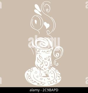 Handgezeichnete Illustration für Tee- oder Kaffeetassen in Gravurstil für Menü oder Café. Vector Arabische Kaffeetasse. Antiker arabischer Tee. Handgezeichneter Umriss-Doodle Stock Vektor