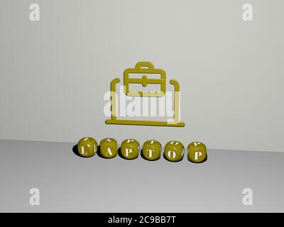 3D-Grafik-Bild von Laptop vertikal zusammen mit Text von metallischen kubischen Buchstaben aus der oberen Perspektive gebaut, ausgezeichnet für das Konzept Präsentation und Diashows. Computer und Business Stockfoto