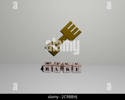 3D-Illustration von RAKE Grafiken und Text von metallischen Würfel Buchstaben für die damit verbundenen Bedeutungen des Konzepts und Präsentationen. Garten und Landwirtschaft Stockfoto